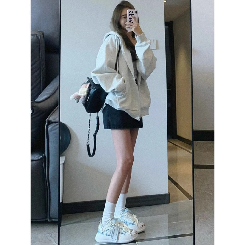 Retro Trendy Hooded Zip-Up Sweatshirt Women  Loose Oversize Lazy Jacket Top