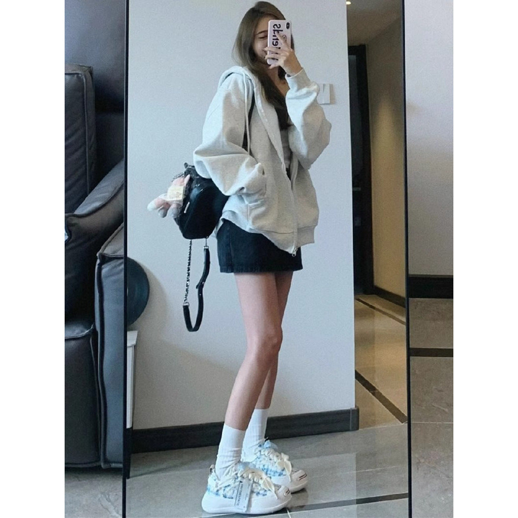 Retro Trendy Hooded Zip-Up Sweatshirt Women  Loose Oversize Lazy Jacket Top