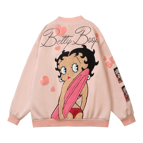 Cartoon Flocking Embroidery Unisex Loose Casual Baseball Jacket Coat