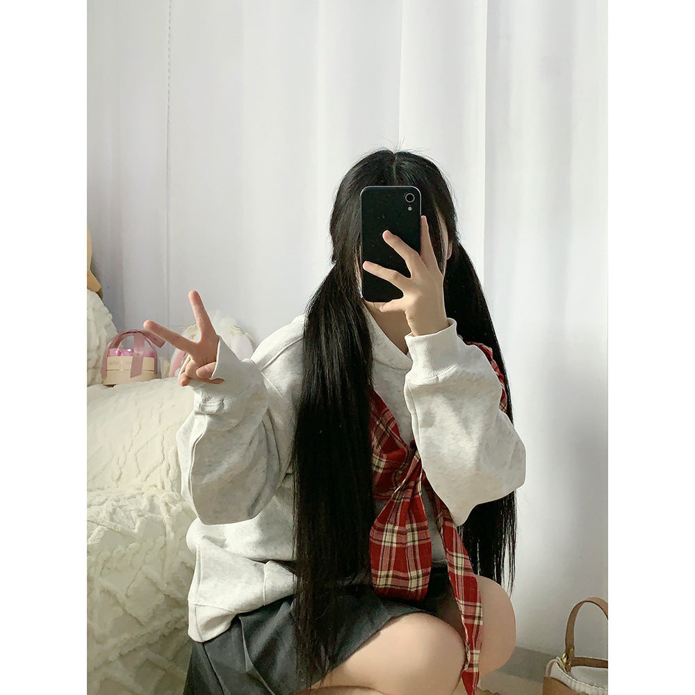 Lazy Style Bow Tie Hoodie for Women, Loose Fit,  Plaid Patchwork Casual Top, Couple Outfit