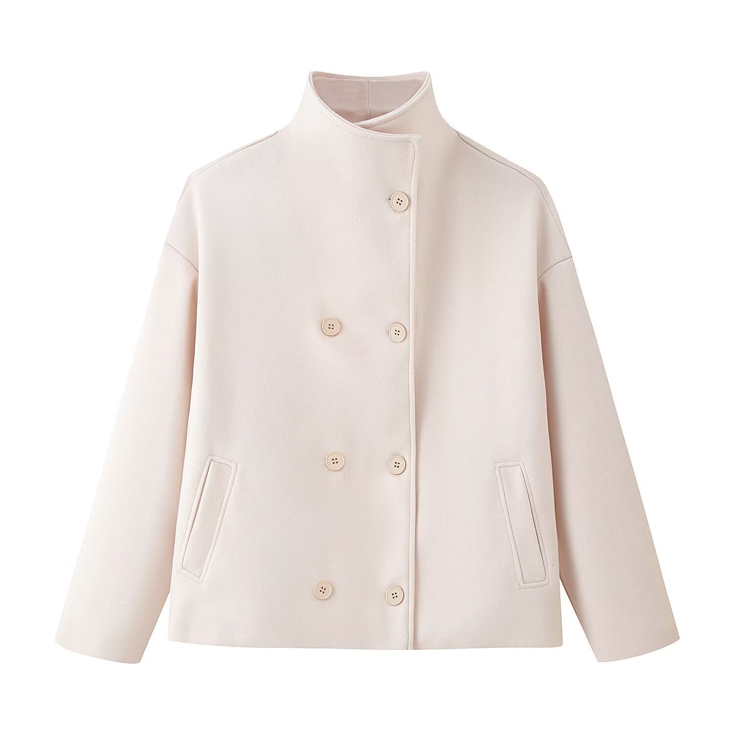 Stand up collar double breasted short woolen jacket