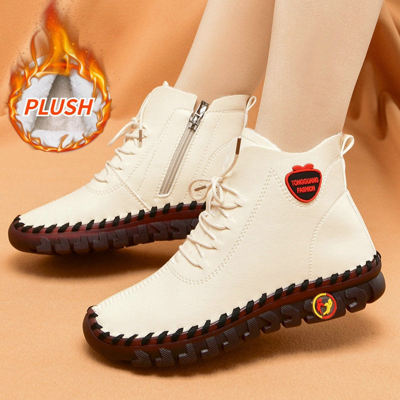 Hand-sewn Women's High-top Cotton Shoes Casual Winter Plush Warm Soft Sole Anti-slip Mother Shoes