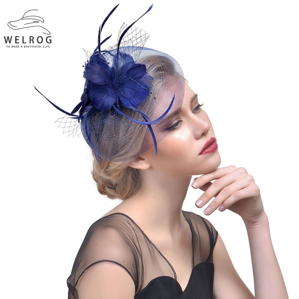 WELROG Feather Cap Lady Cocktail Dinner Party Fedoras Wedding Bridal Mesh Veil Hats Vintage Sombreros Chapeau Fascinators Hat