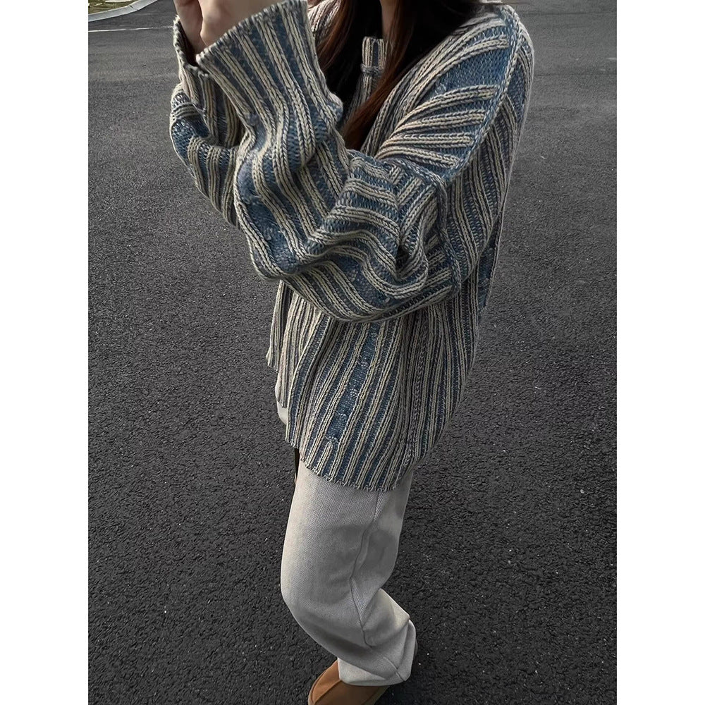 Cleanfit Retro Stripe Color-block Sweater Women  High Street Trendy Couple Unique Lazy Style Knitwear