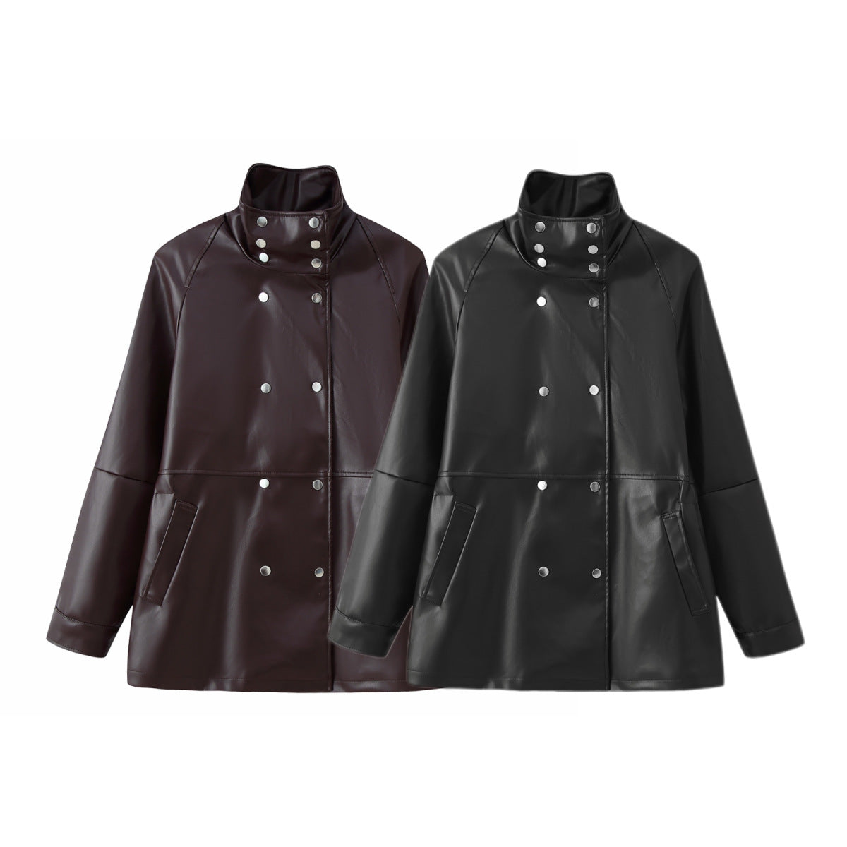 Double breasted slim fit stand up collar leather jacket