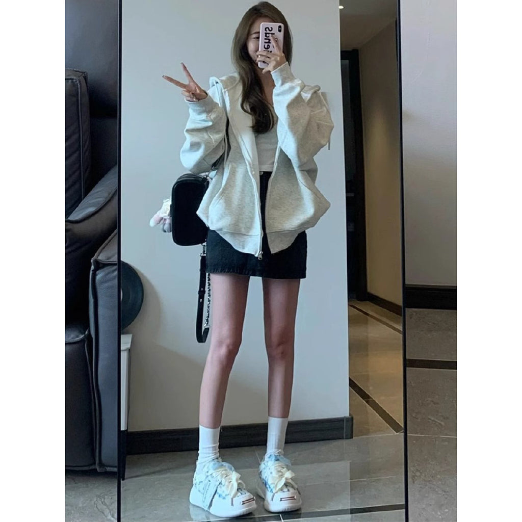 Retro Trendy Hooded Zip-Up Sweatshirt Women  Loose Oversize Lazy Jacket Top