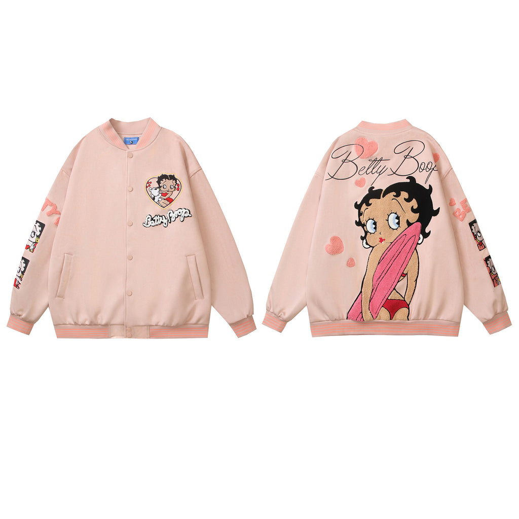 Cartoon Flocking Embroidery Unisex Loose Casual Baseball Jacket Coat