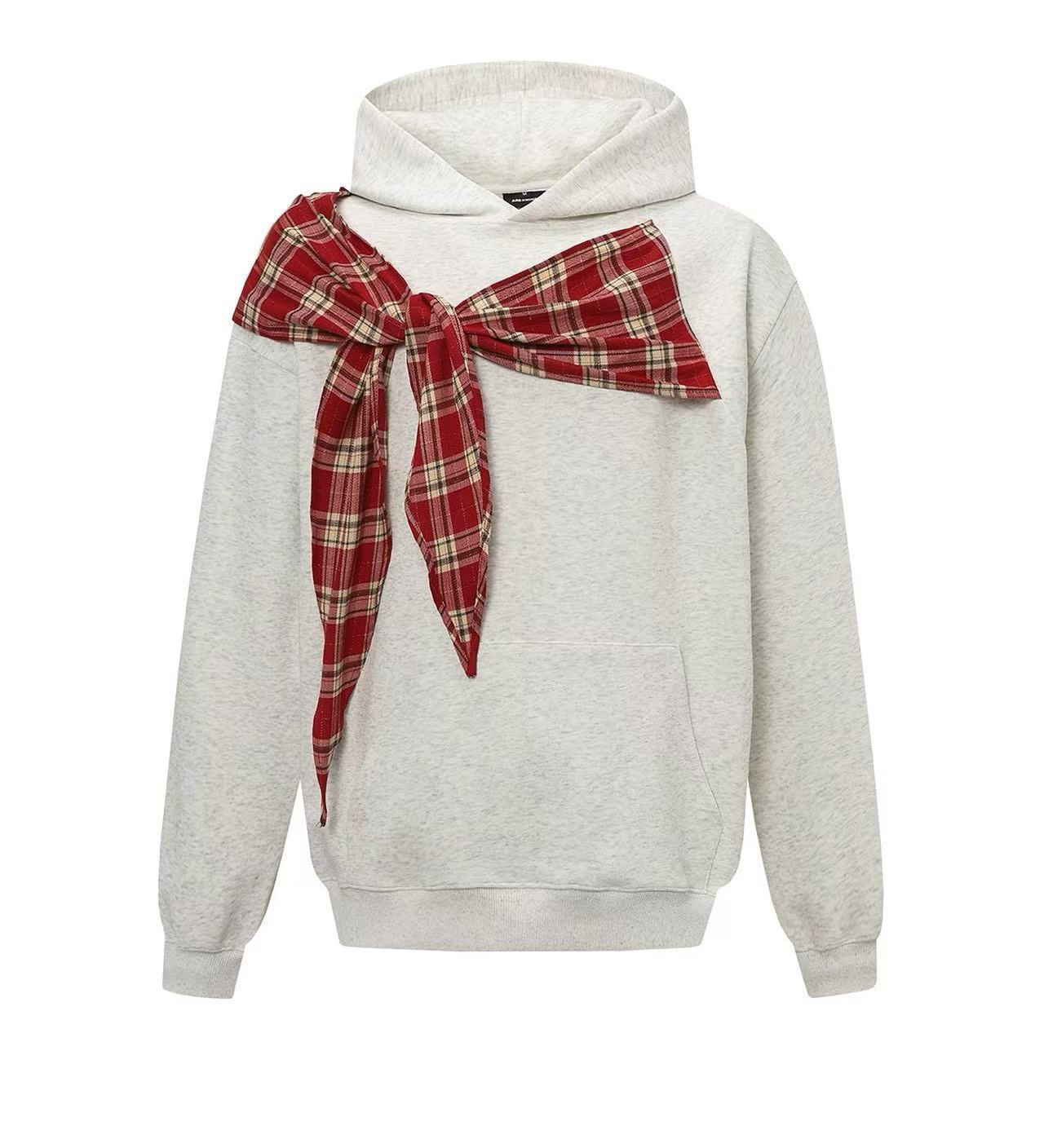 Lazy Style Bow Tie Hoodie for Women, Loose Fit,  Plaid Patchwork Casual Top, Couple Outfit