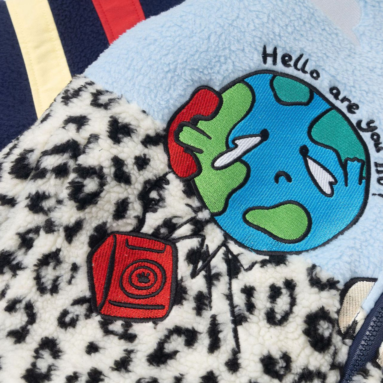 Color-Block Patchwork Cute Dog Embroidery Sherpa Lined Cotton Jacket