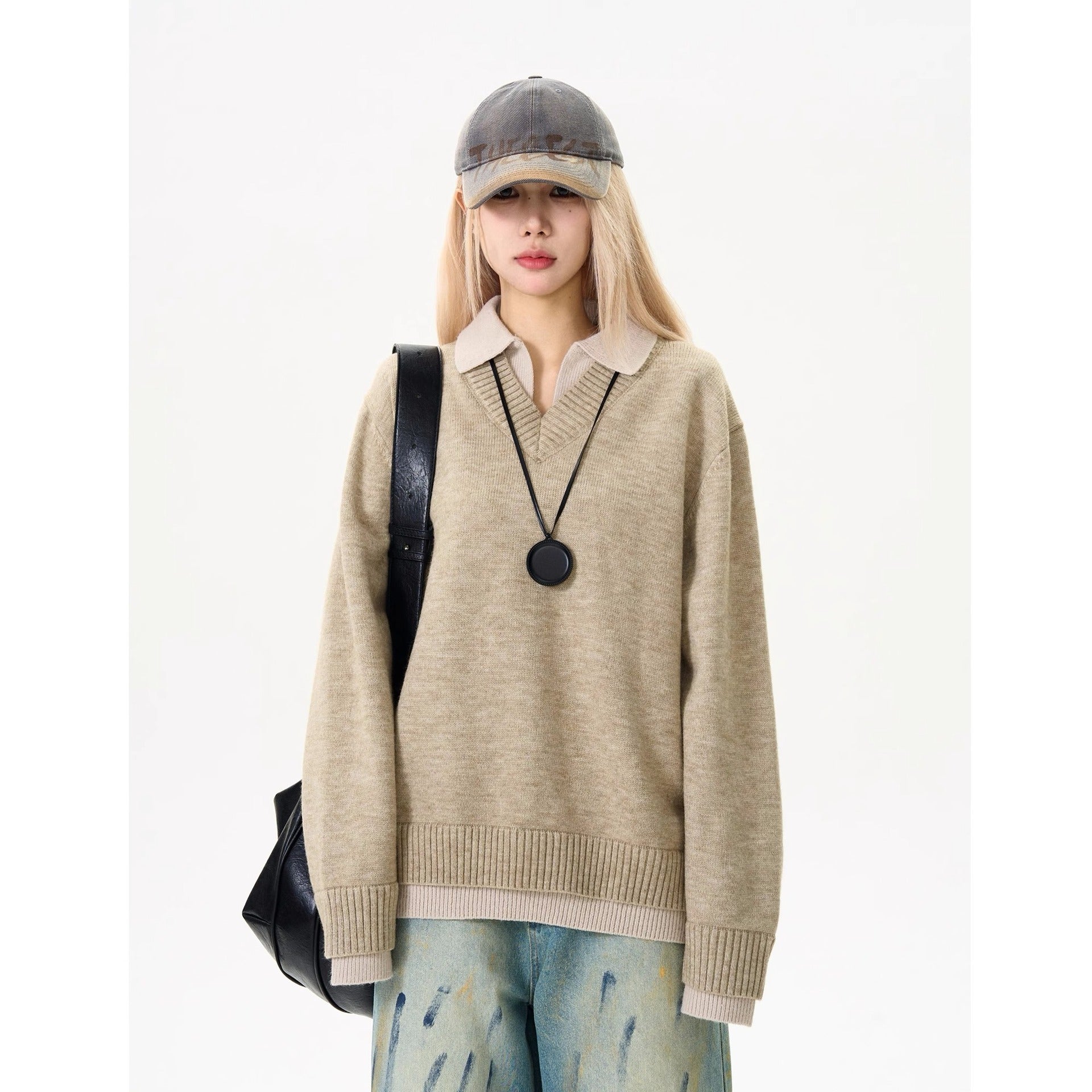 Cleanfit Mock Two-Piece V-Neck Sweater Women's Classic Color-block Preppy Style Knit Top