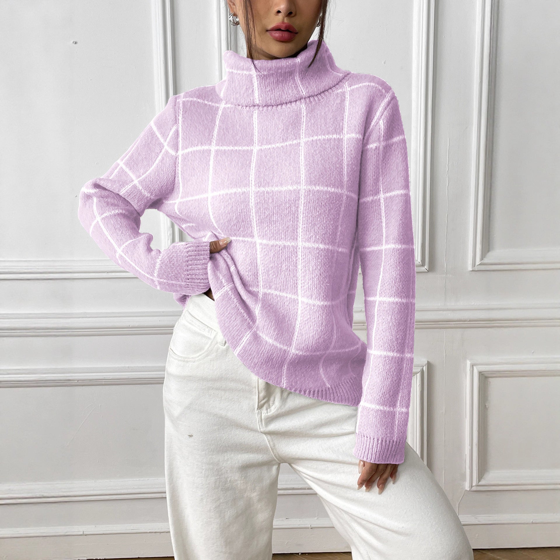 Women's plaid high neck top with pullover