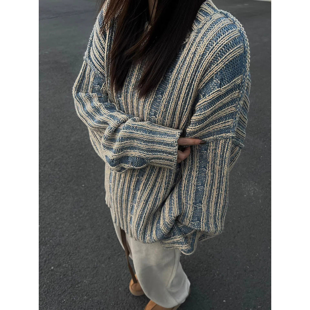 Cleanfit Retro Stripe Color-block Sweater Women  High Street Trendy Couple Unique Lazy Style Knitwear