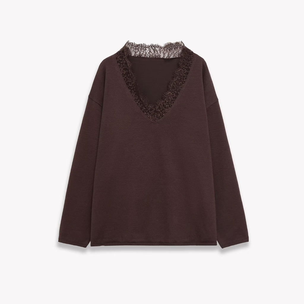 Wool blend lace patchwork knit sweater