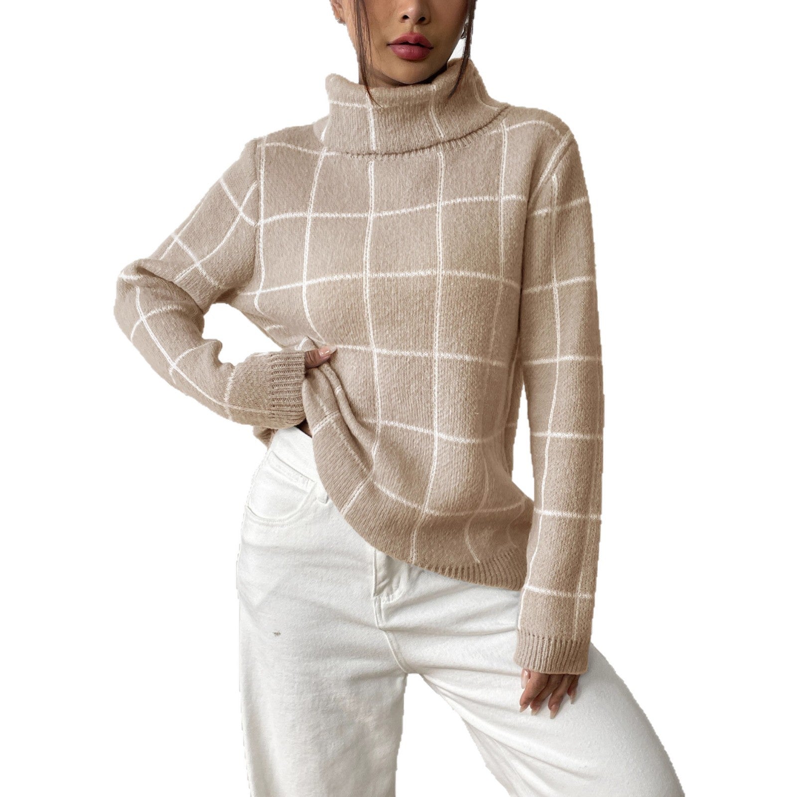 Women's plaid high neck top with pullover
