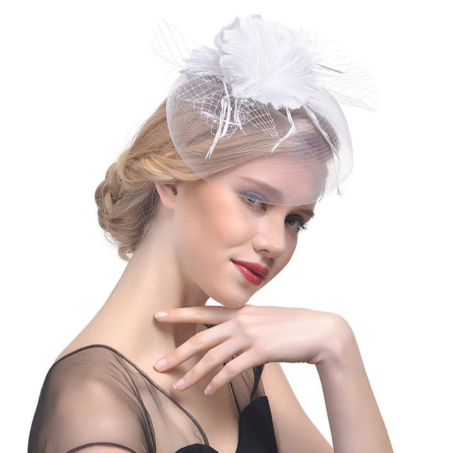 WELROG Feather Cap Lady Cocktail Dinner Party Fedoras Wedding Bridal Mesh Veil Hats Vintage Sombreros Chapeau Fascinators Hat