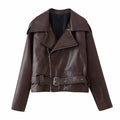 Short leather jacket with belt and loose fit