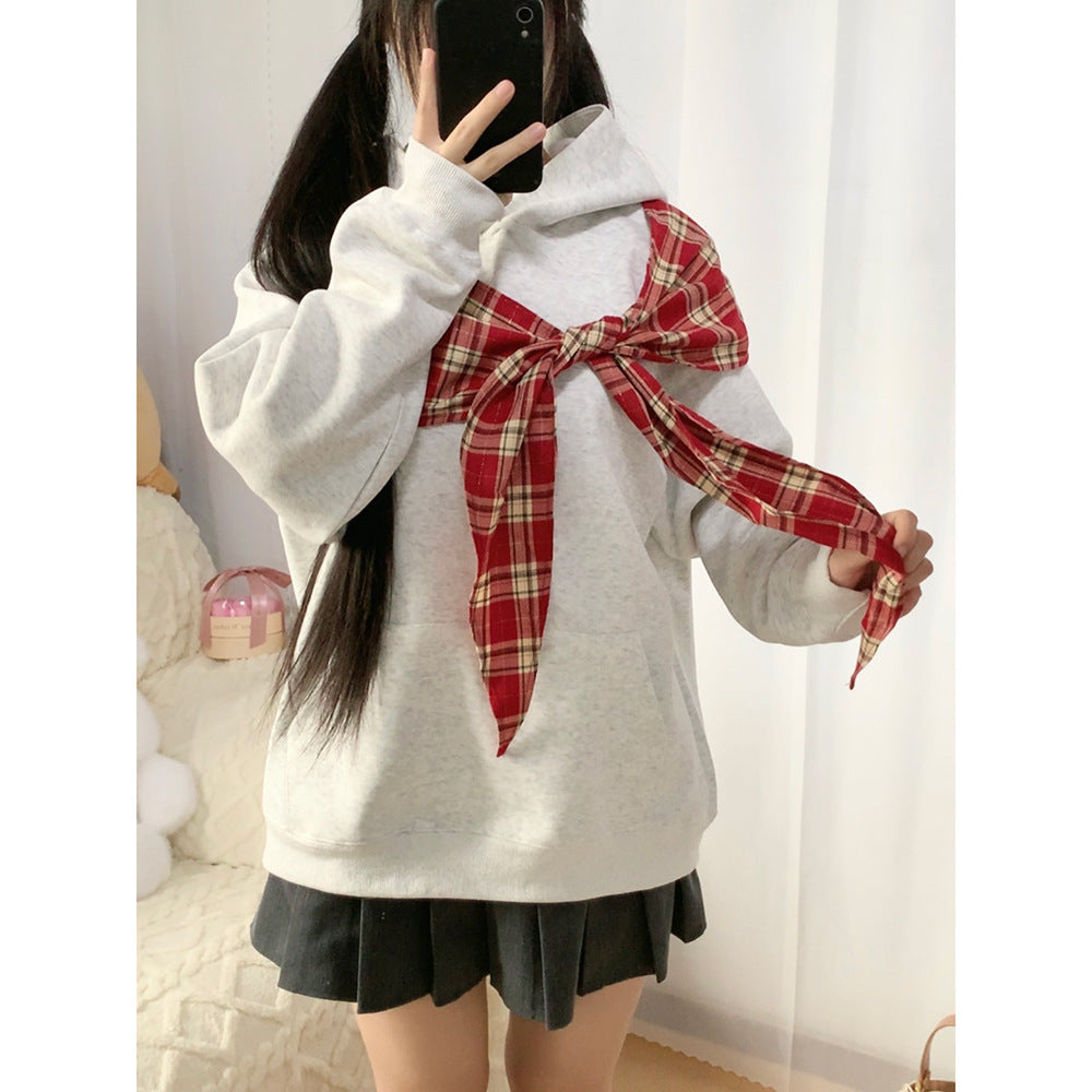 Lazy Style Bow Tie Hoodie for Women, Loose Fit,  Plaid Patchwork Casual Top, Couple Outfit