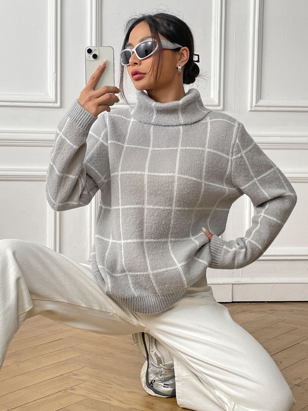 Women's plaid high neck top with pullover