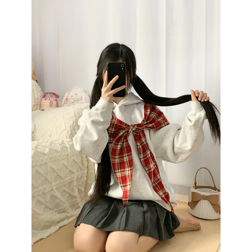 Lazy Style Bow Tie Hoodie for Women, Loose Fit,  Plaid Patchwork Casual Top, Couple Outfit