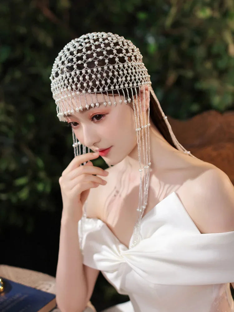 Handmade hollowed out headpiece performance pearl tassel hat