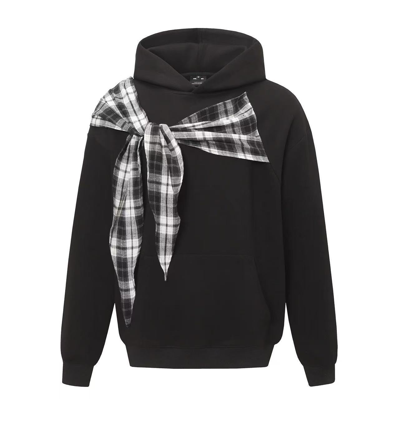 Lazy Style Bow Tie Hoodie for Women, Loose Fit,  Plaid Patchwork Casual Top, Couple Outfit
