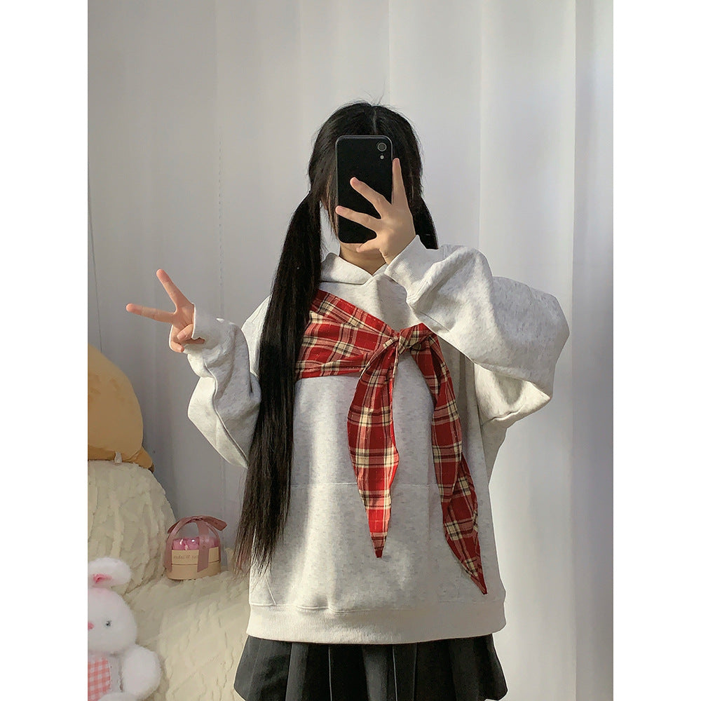 Lazy Style Bow Tie Hoodie for Women, Loose Fit,  Plaid Patchwork Casual Top, Couple Outfit