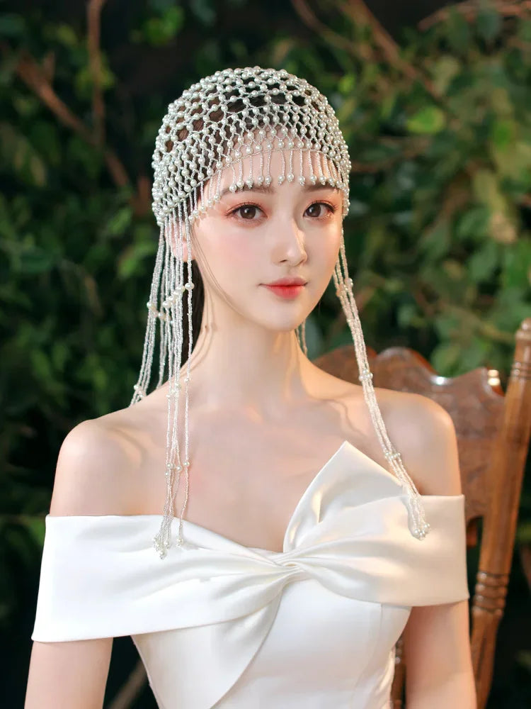 Handmade hollowed out headpiece performance pearl tassel hat
