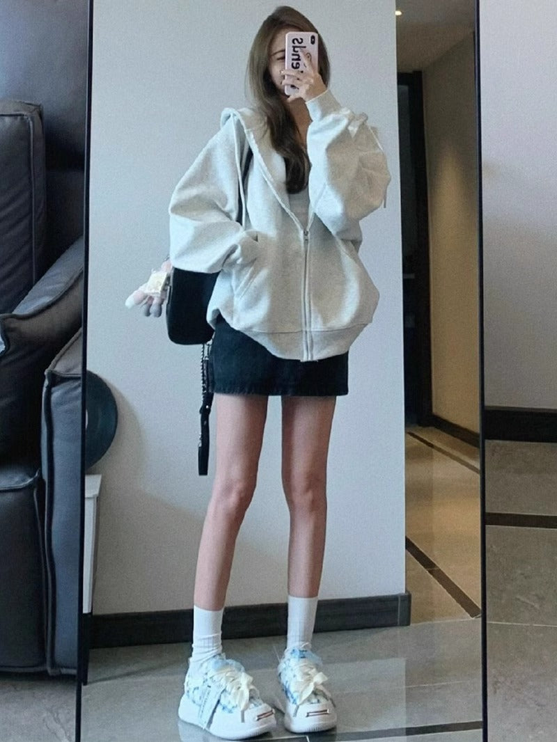 Retro Trendy Hooded Zip-Up Sweatshirt Women  Loose Oversize Lazy Jacket Top