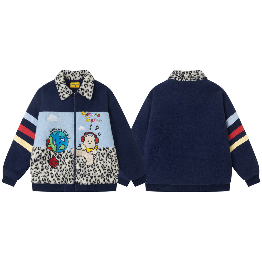 Color-Block Patchwork Cute Dog Embroidery Sherpa Lined Cotton Jacket