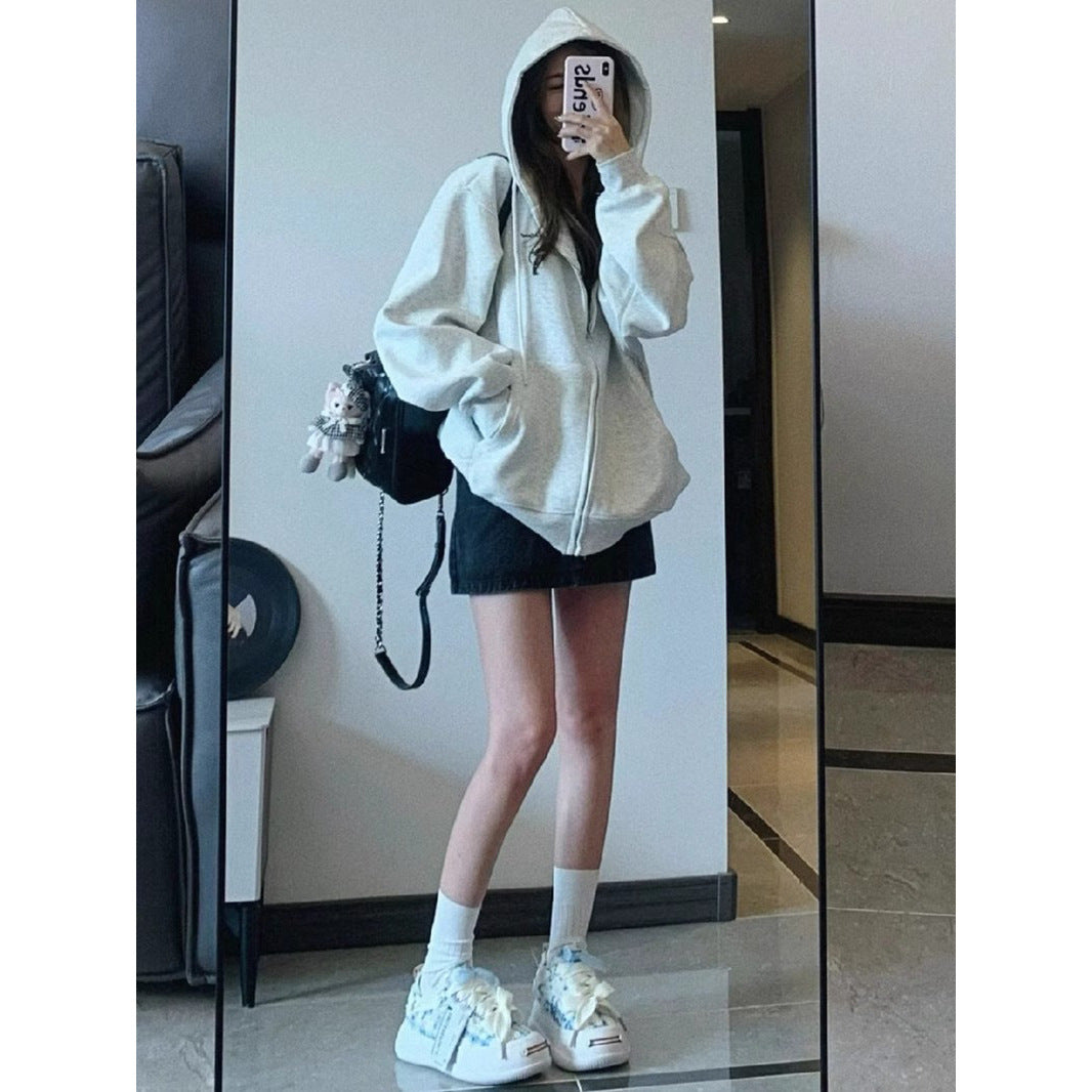 Retro Trendy Hooded Zip-Up Sweatshirt Women  Loose Oversize Lazy Jacket Top