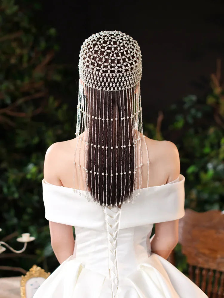 Handmade hollowed out headpiece performance pearl tassel hat