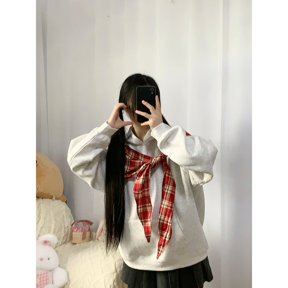 Lazy Style Bow Tie Hoodie for Women, Loose Fit,  Plaid Patchwork Casual Top, Couple Outfit