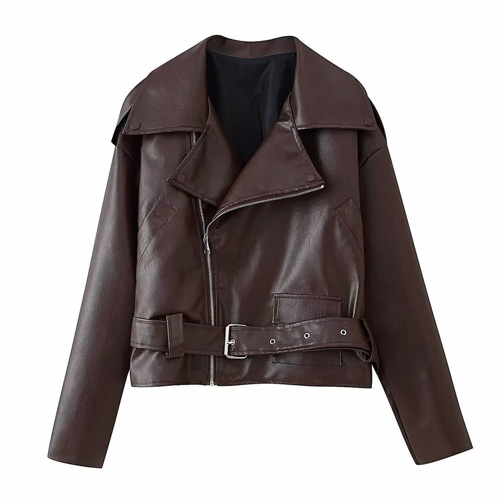 Short leather jacket with belt and loose fit