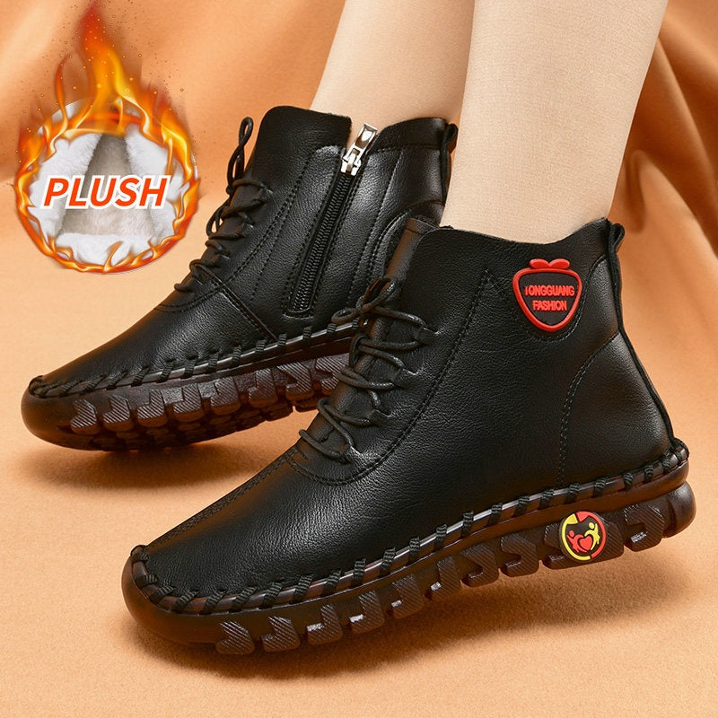 Hand-sewn Women's High-top Cotton Shoes Casual Winter Plush Warm Soft Sole Anti-slip Mother Shoes