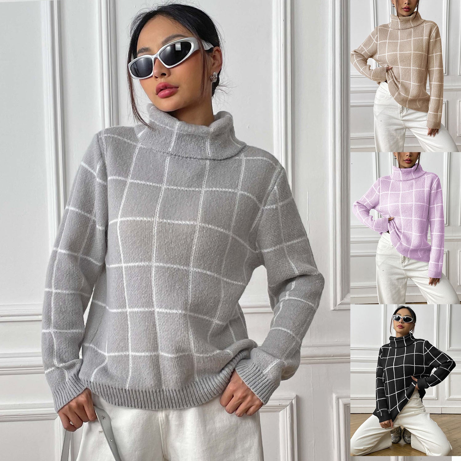 Women's plaid high neck top with pullover