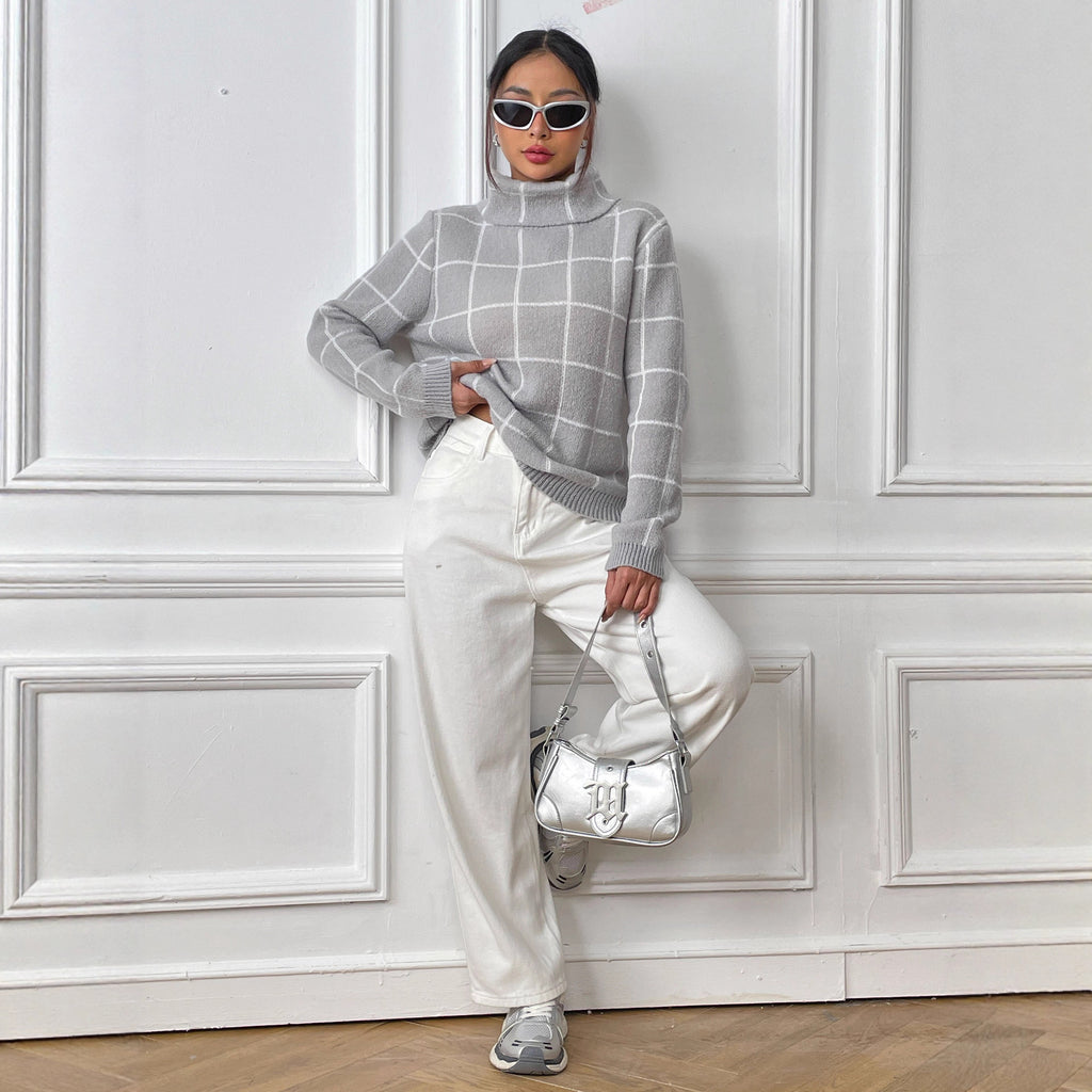 Women's plaid high neck top with pullover