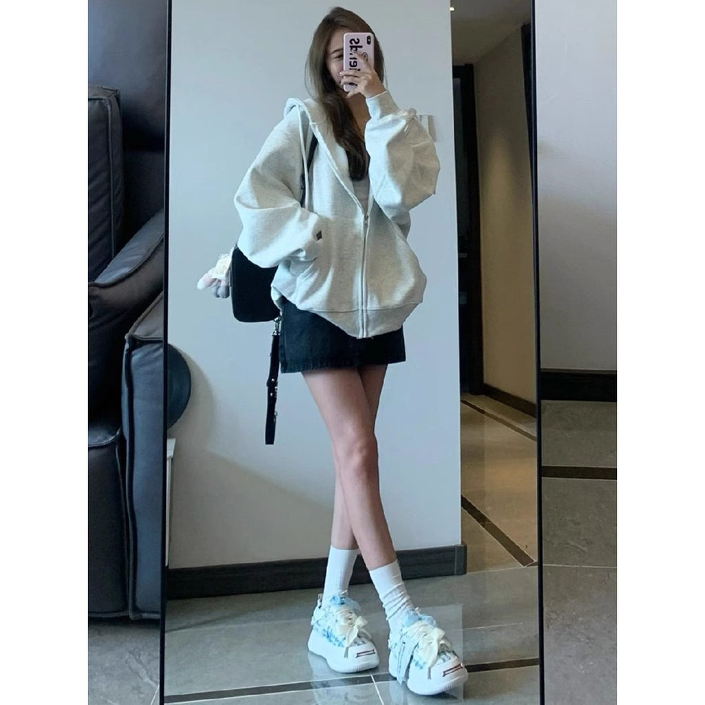 Retro Trendy Hooded Zip-Up Sweatshirt Women  Loose Oversize Lazy Jacket Top