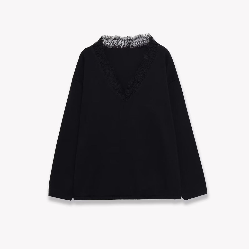 Wool blend lace patchwork knit sweater