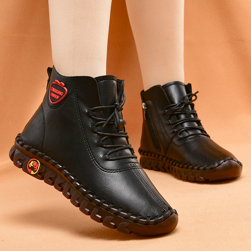 Hand-sewn Women's High-top Cotton Shoes Casual Winter Plush Warm Soft Sole Anti-slip Mother Shoes