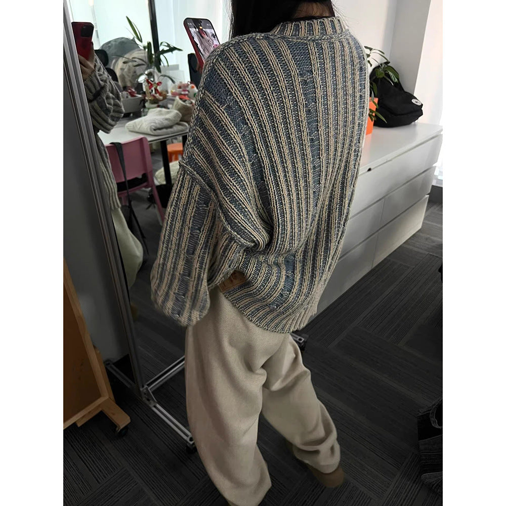 Cleanfit Retro Stripe Color-block Sweater Women  High Street Trendy Couple Unique Lazy Style Knitwear