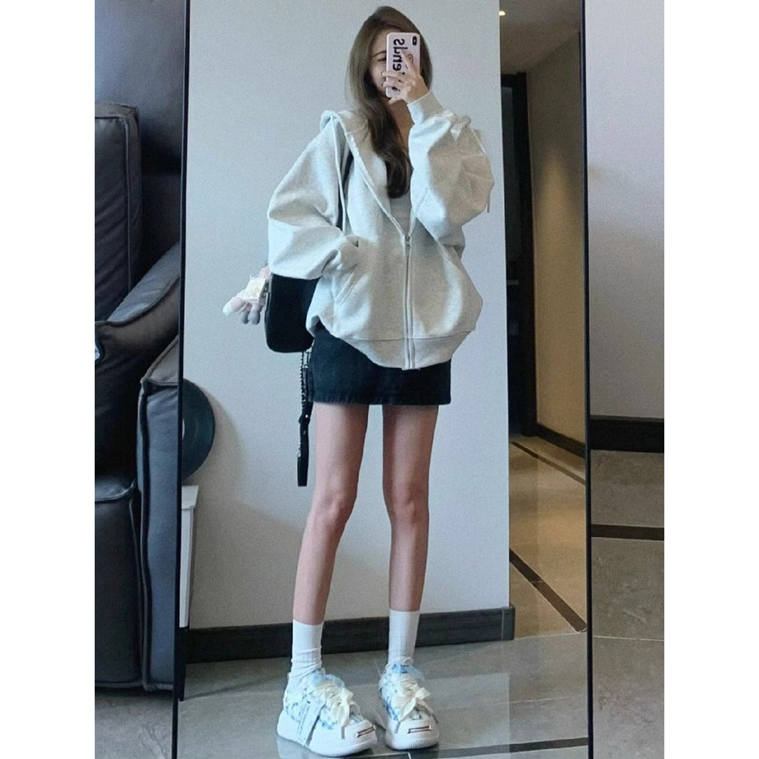 Retro Trendy Hooded Zip-Up Sweatshirt Women  Loose Oversize Lazy Jacket Top