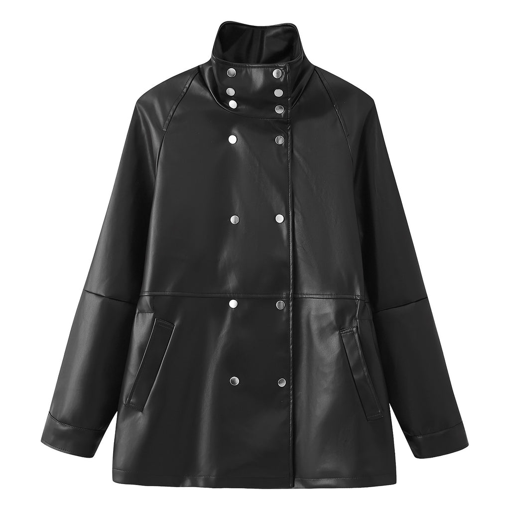 Double breasted slim fit stand up collar leather jacket
